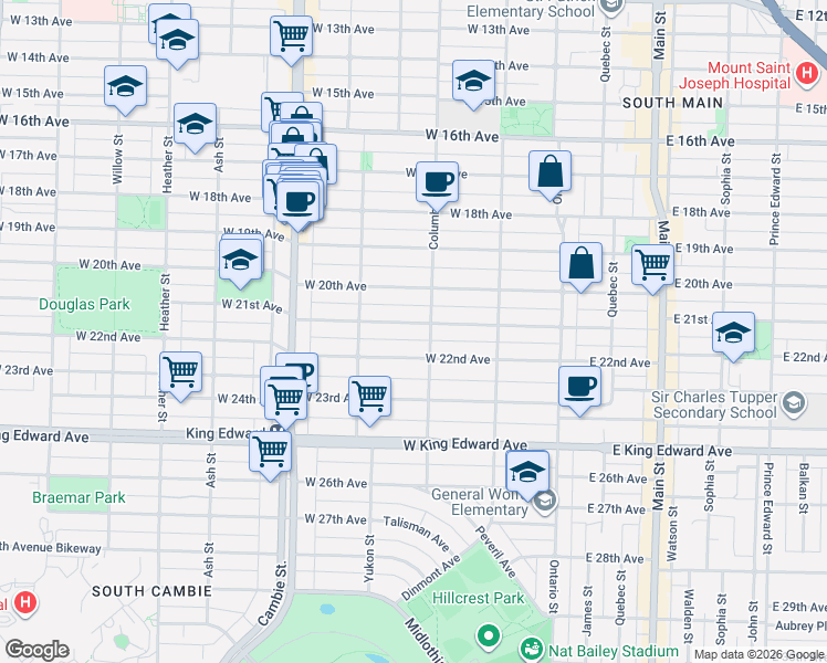 map of restaurants, bars, coffee shops, grocery stores, and more near 242 21 Ave W in Vancouver