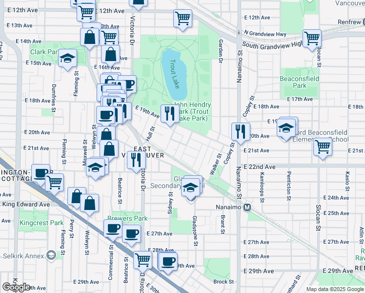 map of restaurants, bars, coffee shops, grocery stores, and more near 3549 Lakewood Drive in Vancouver