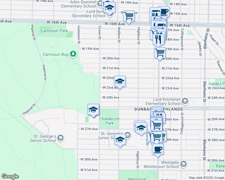 map of restaurants, bars, coffee shops, grocery stores, and more near 3930 West 23rd Avenue in Vancouver