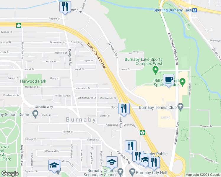 map of restaurants, bars, coffee shops, grocery stores, and more near 6050 Hardwick Street in Burnaby