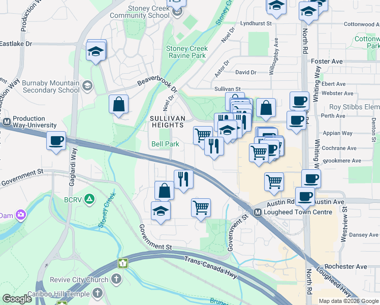 map of restaurants, bars, coffee shops, grocery stores, and more near 9280 Salish Court in Burnaby