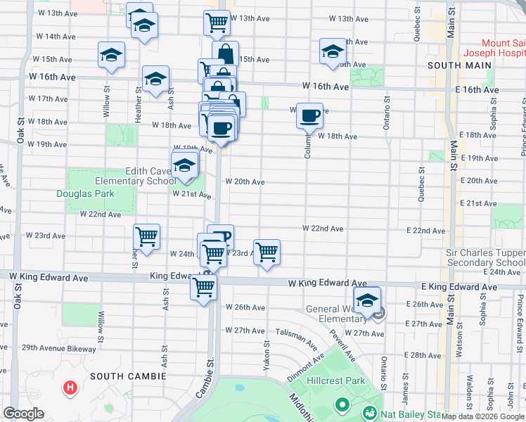 map of restaurants, bars, coffee shops, grocery stores, and more near 396 West 21st Avenue in Vancouver