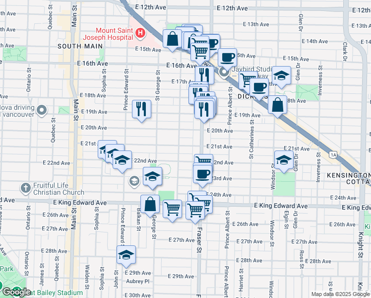 map of restaurants, bars, coffee shops, grocery stores, and more near 610 East 21st Avenue in Vancouver