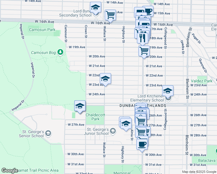map of restaurants, bars, coffee shops, grocery stores, and more near 3880 West 23rd Avenue in Vancouver