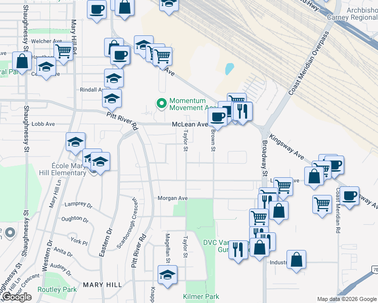 map of restaurants, bars, coffee shops, grocery stores, and more near 1935 Taylor Street in Port Coquitlam