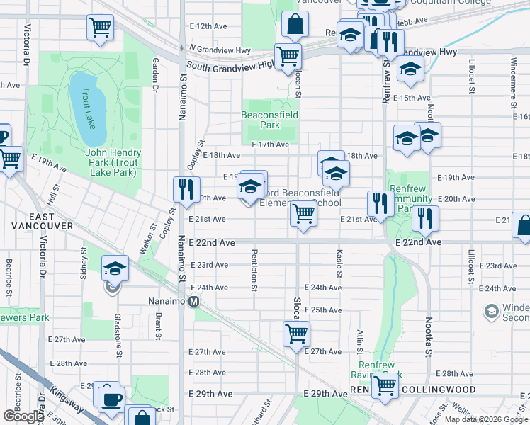 map of restaurants, bars, coffee shops, grocery stores, and more near 2625 East 21st Avenue in Vancouver