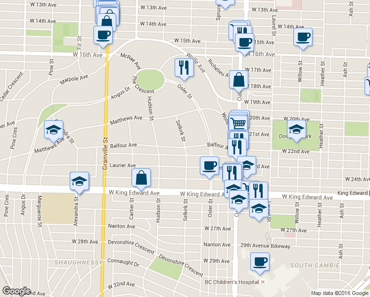 map of restaurants, bars, coffee shops, grocery stores, and more near 3839 Selkirk Street in Vancouver