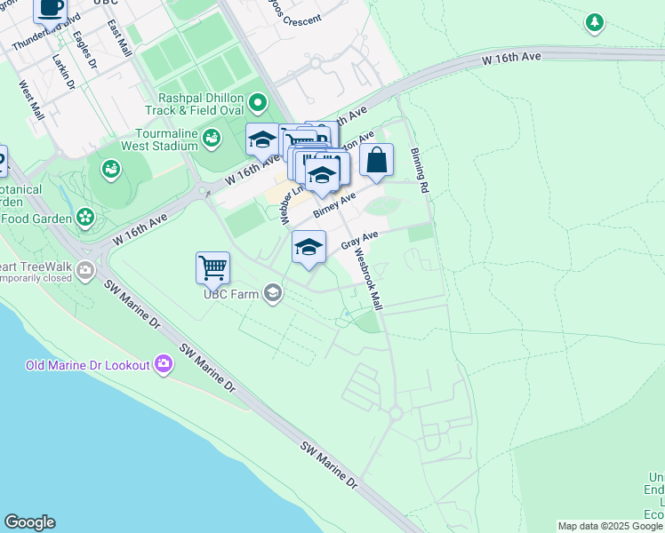 map of restaurants, bars, coffee shops, grocery stores, and more near 6036 Gray Avenue in Vancouver