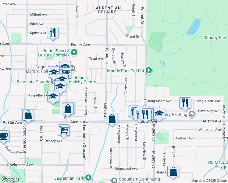 map of restaurants, bars, coffee shops, grocery stores, and more near 1941 Jasper Court in Coquitlam
