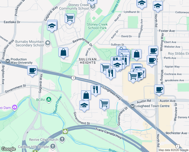 map of restaurants, bars, coffee shops, grocery stores, and more near 9270 Salish Court in Burnaby