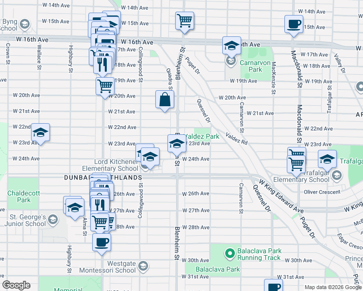 map of restaurants, bars, coffee shops, grocery stores, and more near 3908 Blenheim Street in Vancouver