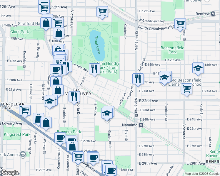 map of restaurants, bars, coffee shops, grocery stores, and more near 2177 East 20th Avenue in Vancouver