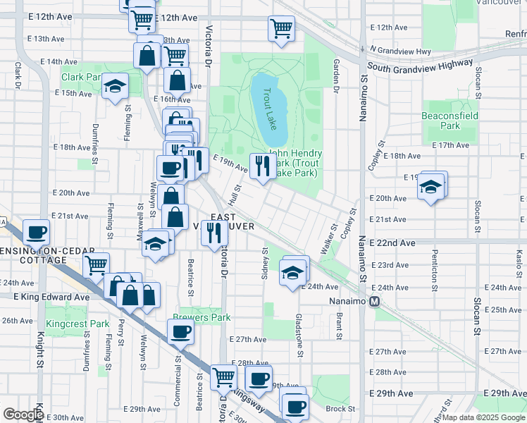map of restaurants, bars, coffee shops, grocery stores, and more near 3576 Marshall Street in Vancouver