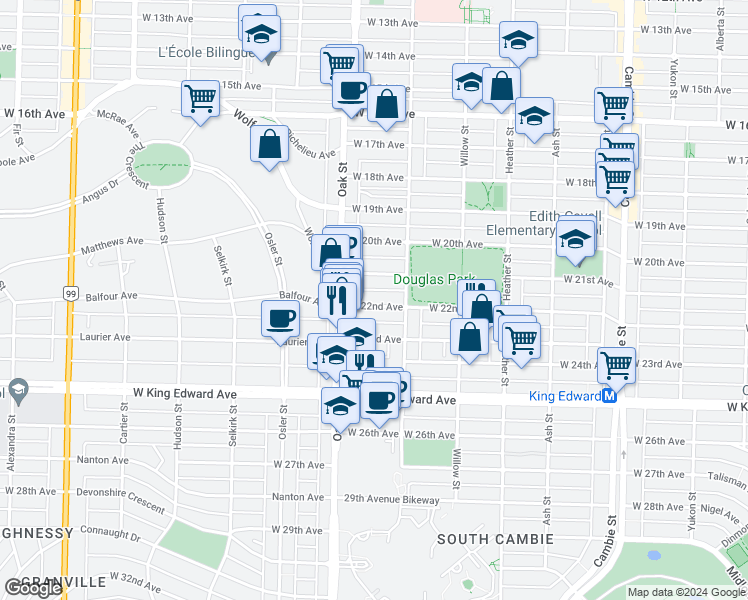 map of restaurants, bars, coffee shops, grocery stores, and more near 955 West 22nd Avenue in Vancouver