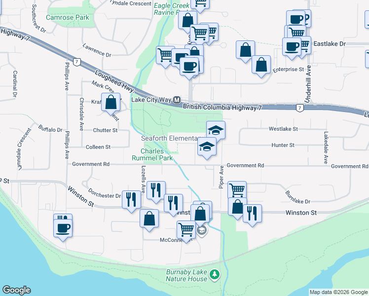 map of restaurants, bars, coffee shops, grocery stores, and more near 7742 Jensen Place in Burnaby