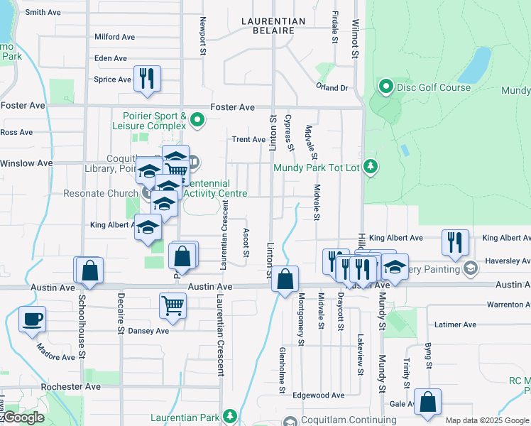 map of restaurants, bars, coffee shops, grocery stores, and more near 580 Linton Street in Coquitlam