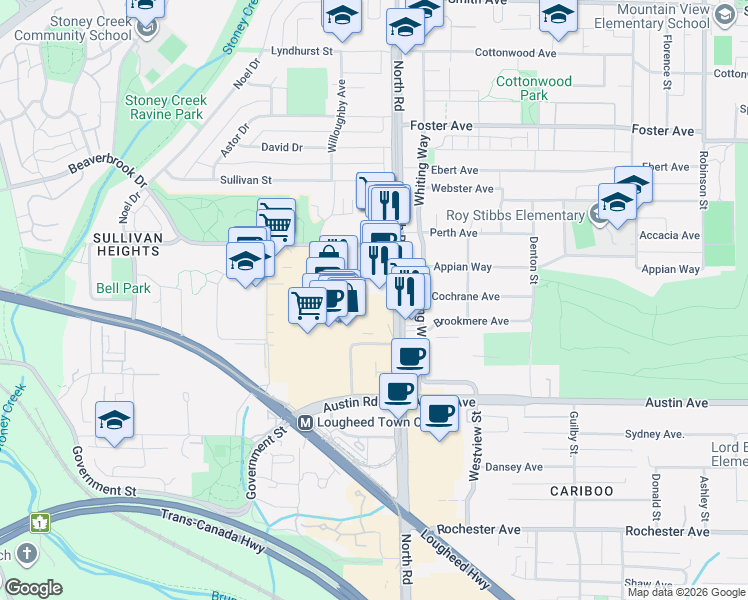 map of restaurants, bars, coffee shops, grocery stores, and more near 9888 Cameron Street in Burnaby