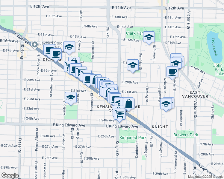 map of restaurants, bars, coffee shops, grocery stores, and more near 1341 East 21st Avenue in Vancouver