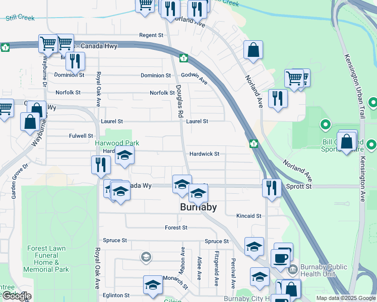 map of restaurants, bars, coffee shops, grocery stores, and more near 5637 Hardwick Street in Burnaby