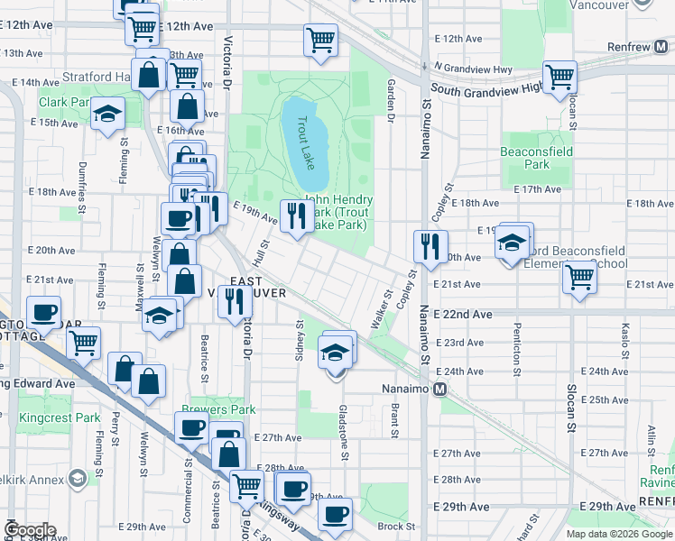 map of restaurants, bars, coffee shops, grocery stores, and more near 2161 East 20th Avenue in Vancouver