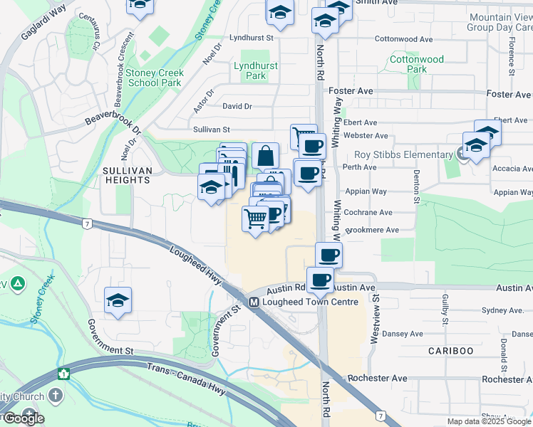 map of restaurants, bars, coffee shops, grocery stores, and more near 9855 Austin Avenue in Burnaby