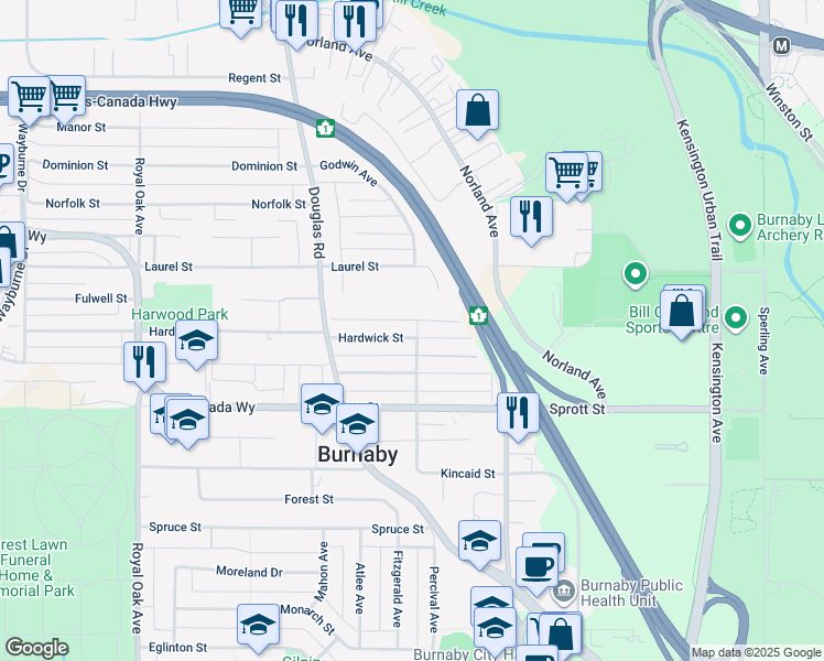 map of restaurants, bars, coffee shops, grocery stores, and more near 3581 Godwin Avenue in Burnaby