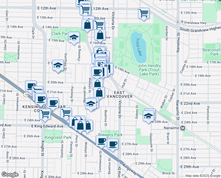 map of restaurants, bars, coffee shops, grocery stores, and more near 1915 Stainsbury Avenue in Vancouver
