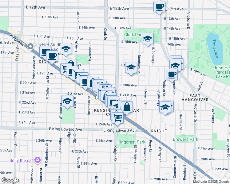 map of restaurants, bars, coffee shops, grocery stores, and more near 3641 Knight Street in Vancouver