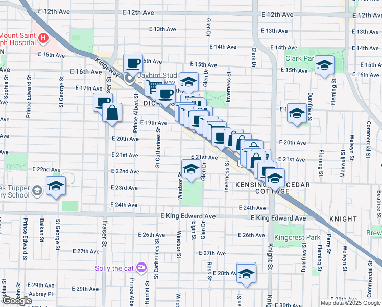 map of restaurants, bars, coffee shops, grocery stores, and more near 1033 East 21st Avenue in Vancouver