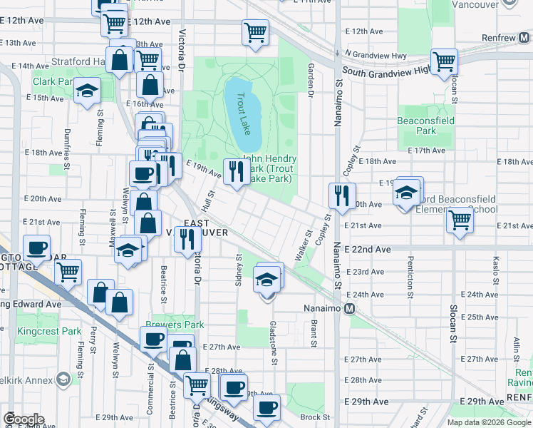map of restaurants, bars, coffee shops, grocery stores, and more near 2153 East 20th Avenue in Vancouver