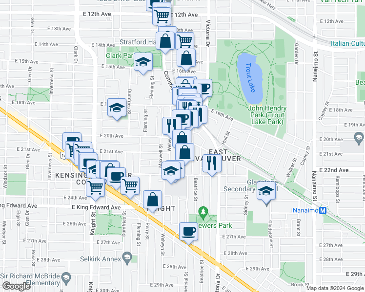 map of restaurants, bars, coffee shops, grocery stores, and more near 3617 Commercial Street in Vancouver