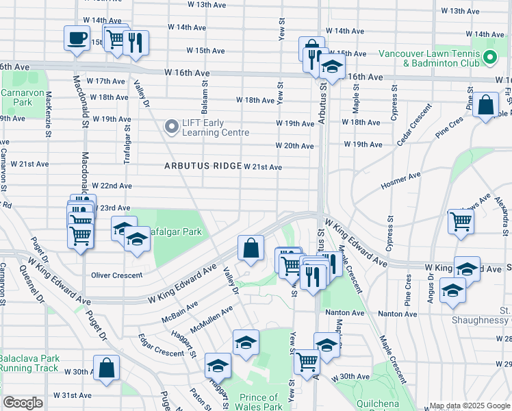 map of restaurants, bars, coffee shops, grocery stores, and more near 2255 West 23rd Avenue in Vancouver