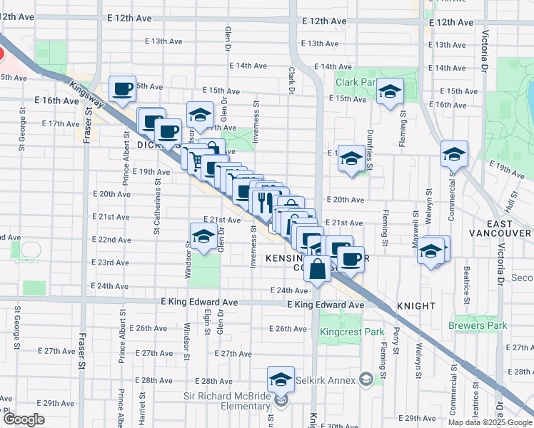map of restaurants, bars, coffee shops, grocery stores, and more near in Vancouver