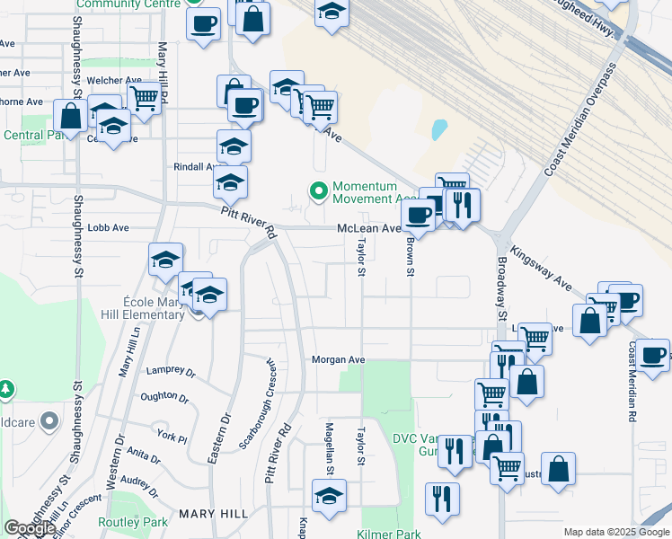 map of restaurants, bars, coffee shops, grocery stores, and more near 1908 Tyler Avenue in Port Coquitlam