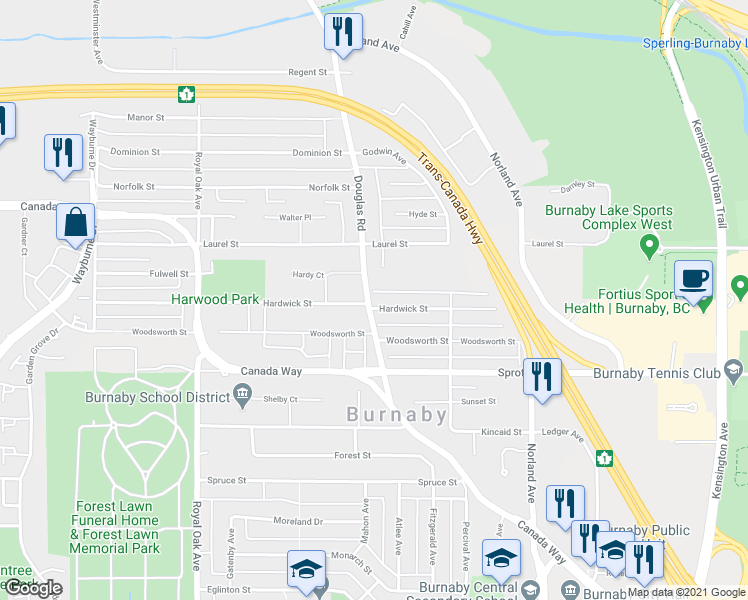 map of restaurants, bars, coffee shops, grocery stores, and more near 3570 Douglas Road in Burnaby