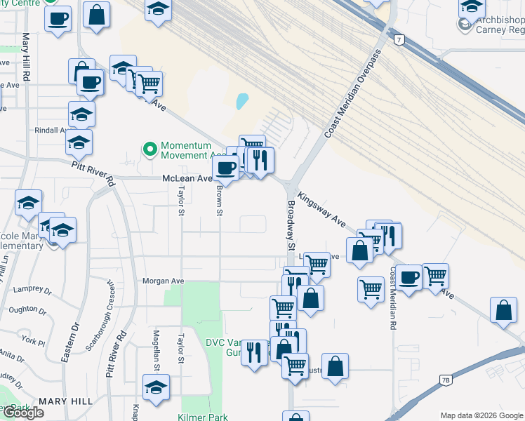 map of restaurants, bars, coffee shops, grocery stores, and more near 1737 Anderson Way in Port Coquitlam