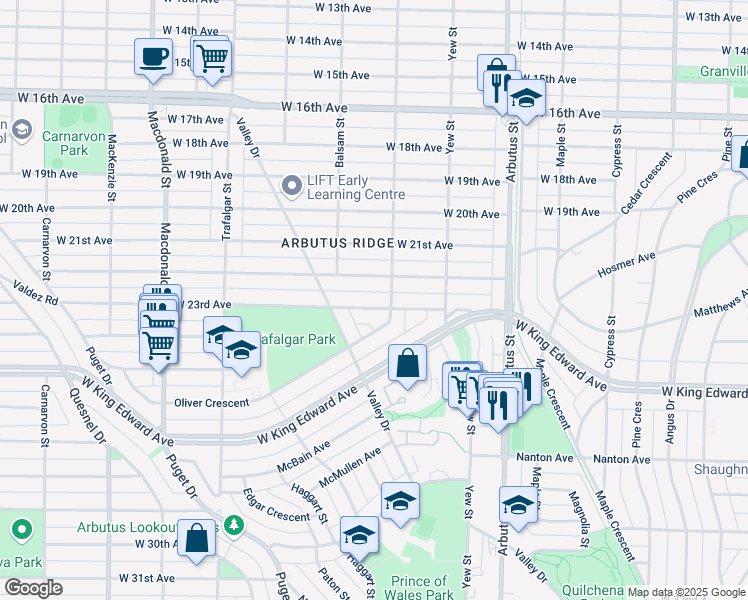 map of restaurants, bars, coffee shops, grocery stores, and more near 2323 West 23rd Avenue in Vancouver