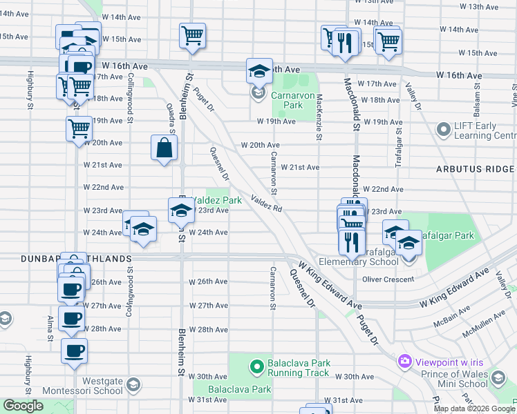 map of restaurants, bars, coffee shops, grocery stores, and more near 3894 Quesnel Drive in Vancouver