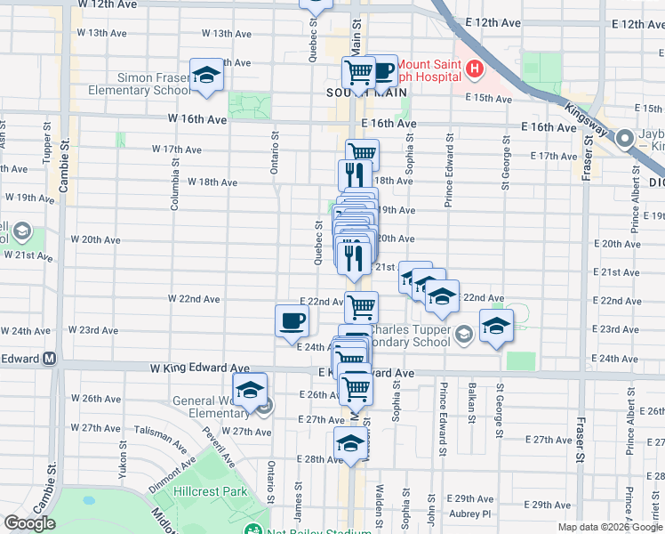 map of restaurants, bars, coffee shops, grocery stores, and more near 151 East 21st Avenue in Vancouver