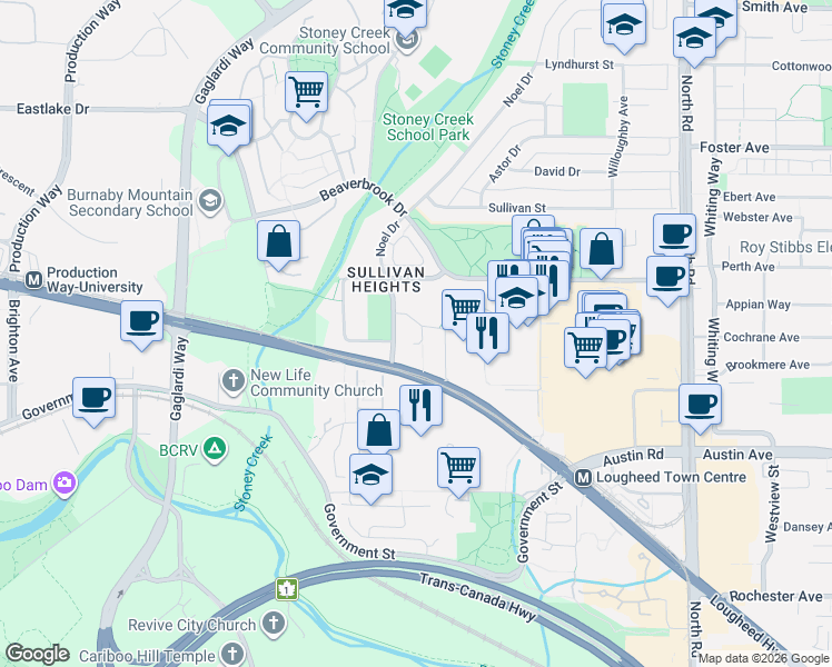 map of restaurants, bars, coffee shops, grocery stores, and more near 9210 Salish Court in Burnaby