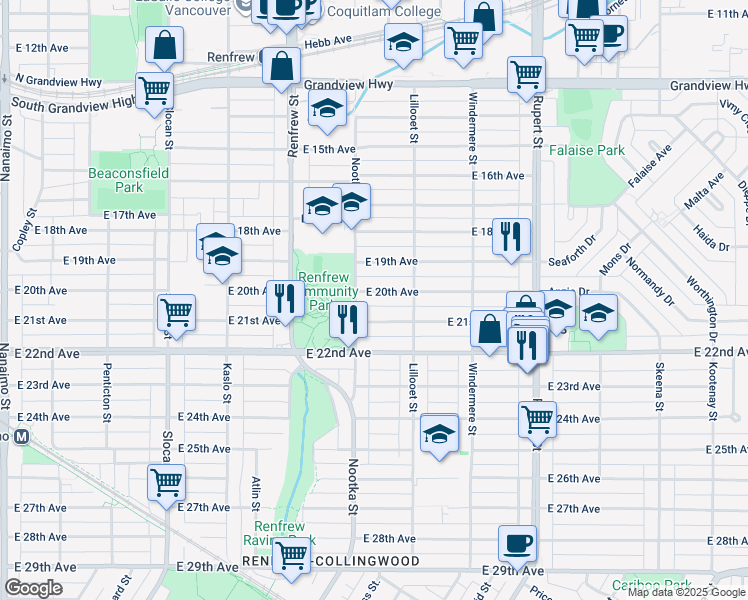 map of restaurants, bars, coffee shops, grocery stores, and more near in Vancouver
