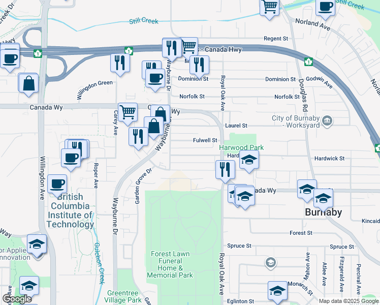 map of restaurants, bars, coffee shops, grocery stores, and more near 5007 Hardwick Street in Burnaby