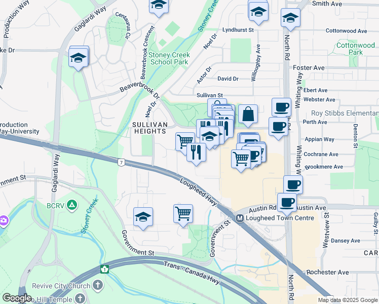 map of restaurants, bars, coffee shops, grocery stores, and more near 9500 Erickson Drive in Burnaby