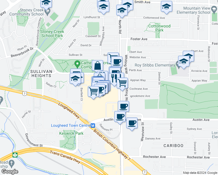 map of restaurants, bars, coffee shops, grocery stores, and more near 9888 Cameron Street in Burnaby