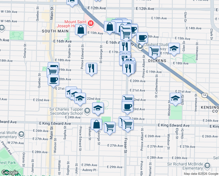 map of restaurants, bars, coffee shops, grocery stores, and more near 557 East 21st Avenue in Vancouver
