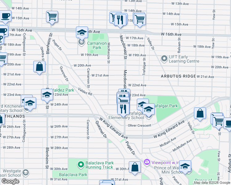 map of restaurants, bars, coffee shops, grocery stores, and more near 2853 West 23rd Avenue in Vancouver