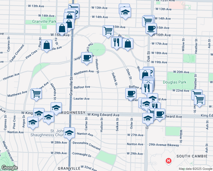 map of restaurants, bars, coffee shops, grocery stores, and more near 1263 Balfour Avenue in Vancouver
