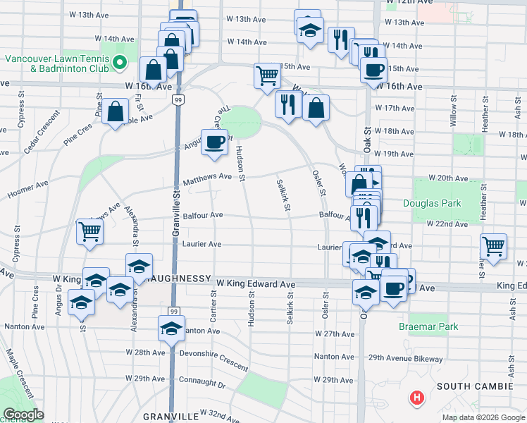 map of restaurants, bars, coffee shops, grocery stores, and more near 1263 Balfour Avenue in Vancouver