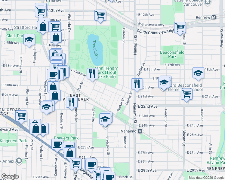 map of restaurants, bars, coffee shops, grocery stores, and more near 2196 East 19th Avenue in Vancouver