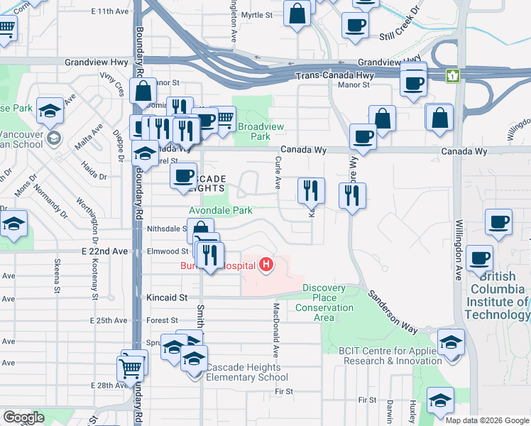 map of restaurants, bars, coffee shops, grocery stores, and more near 3969 Nithsdale Street in Burnaby